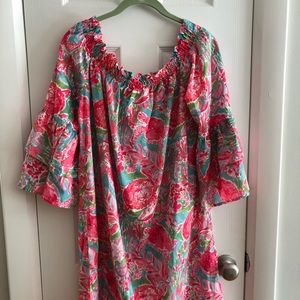 Charlie Paige tropical print off shoulder dress